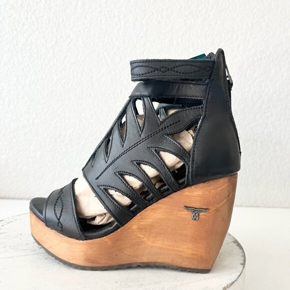 Lane Boots BECCA Womens Black Wedges 5.5 Western Sandals Cowgirl Leather Heels - Picture 4 of 11